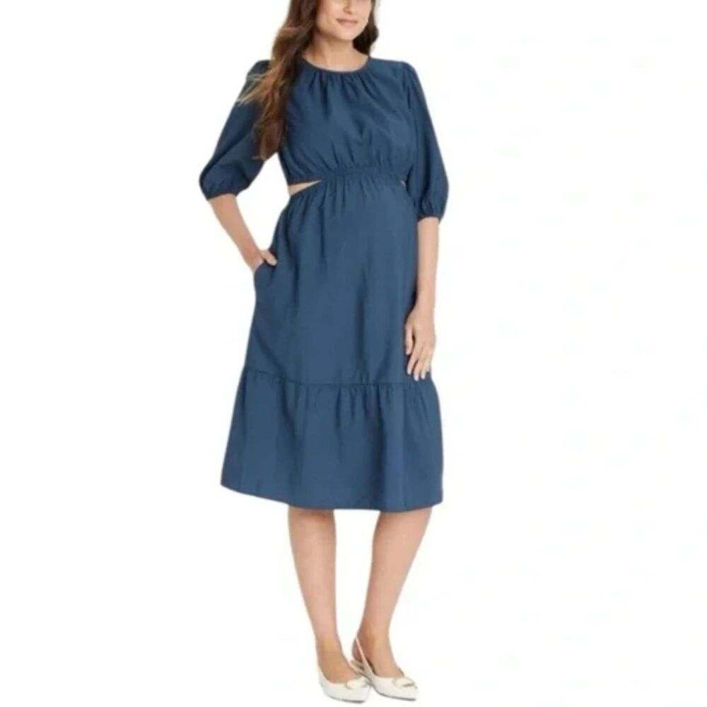 Isabel by Ingrid + Isabel Blue Cut Out‎ Waist Sides Midi Maternity Dress Size XS